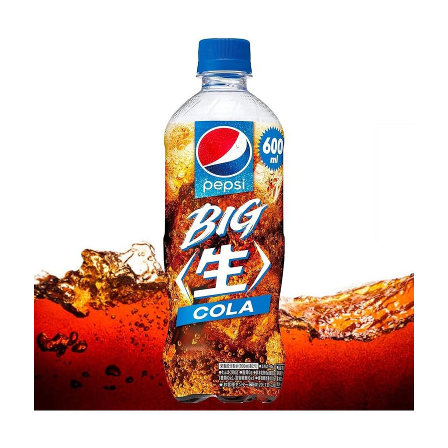 百事生可乐 BIG 版 600ml 塑料瓶装展示图，瓶身周围有飞溅的可乐液体和气泡效果，背景为红褐色。