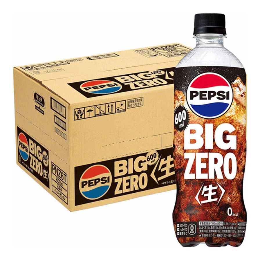 百事无糖生可乐 600ml 规格，包含一瓶单瓶及一箱 15 瓶装的纸箱外观。