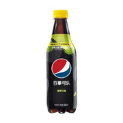 百事可乐青柠口味500ml瓶装正面图，展示黑色瓶身、黄色瓶盖及青柠元素包装标签。