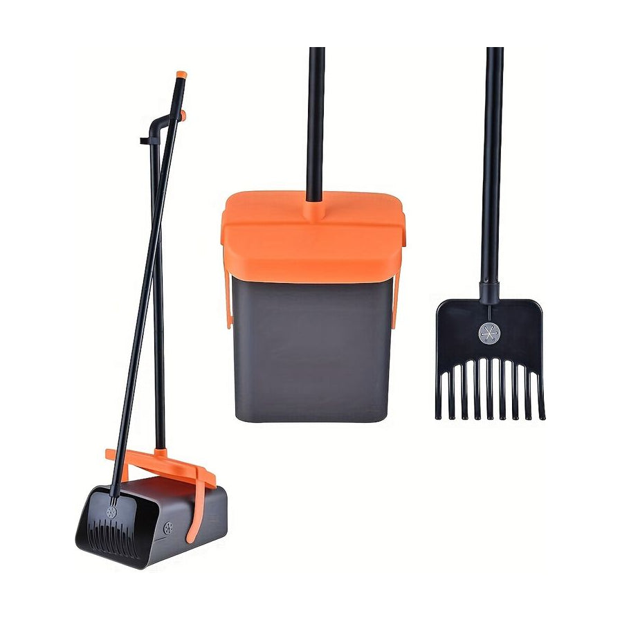 宠物拾便器套装，包含长柄拾便铲和带盖收纳桶，黑橘配色，展示了组合状态及零部件细节。