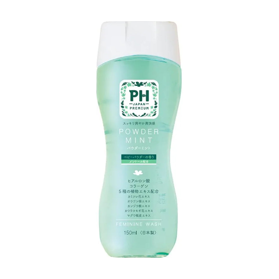 PH JAPAN 女性私处护理液 150ml 绿色薄荷香型透明瓶身正面，显示弱酸性配方及植物提取物成分说明。