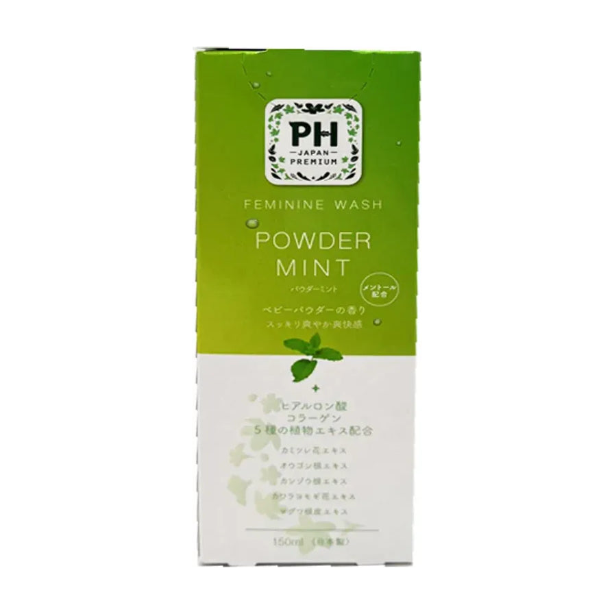 PH JAPAN 女性私处护理液 150ml 绿色薄荷香型外包装盒正面图，印有 POWDER MINT 字样及薄荷叶图案。