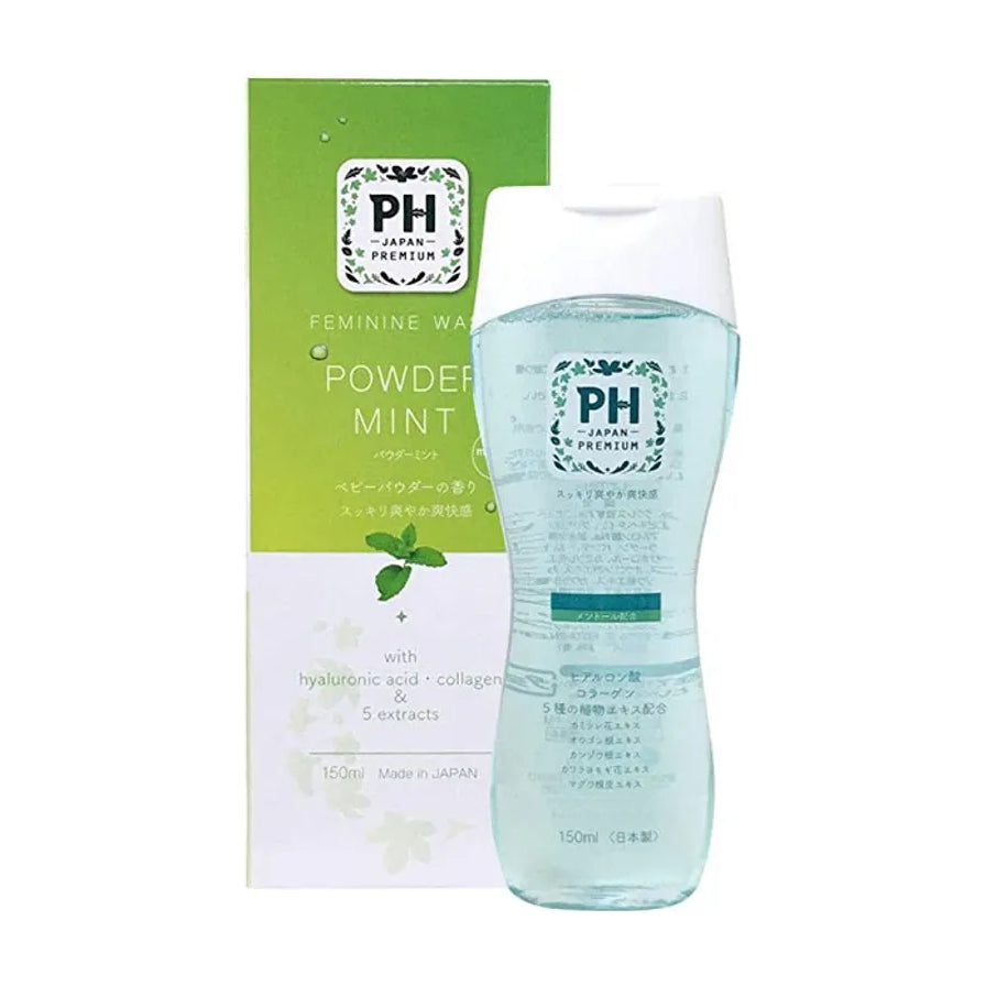 PH JAPAN 女性私处护理液 150ml 绿色薄荷香型，包含外包装盒及透明瓶身展示。