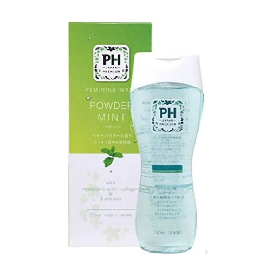 PH Japan Premium 女性私处天然草本清洁护理液薄荷味，包含150ml透明瓶装及绿色外包装盒，展示薄荷叶图案。