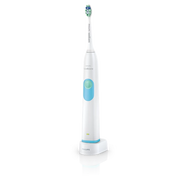 Philips Sonicare 电动牙刷主机置于充电底座上的正面特写，白色机身搭配蓝色按键，黑色背景。