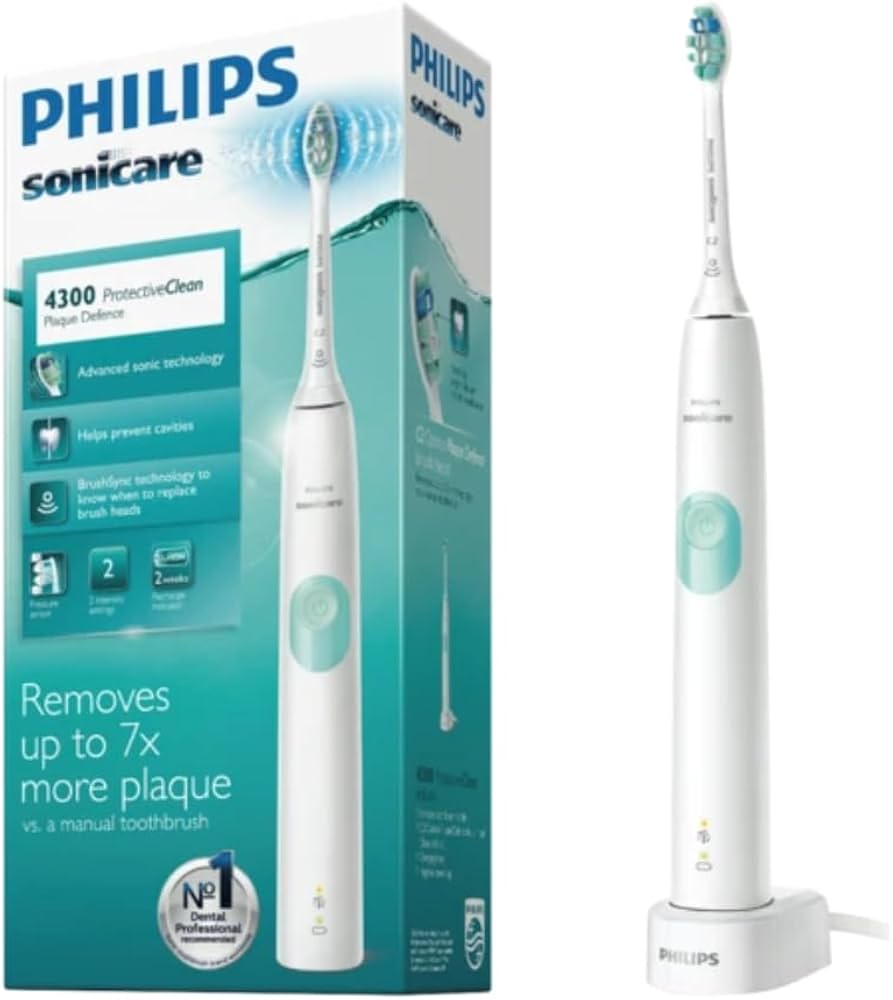 Philips Sonicare 电动牙刷产品包装盒与主机的组合展示图，包含英文功能说明和型号标识。