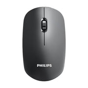 飞利浦黑色超薄无线鼠标正面俯视图，展示极简设计与PHILIPS品牌标识。