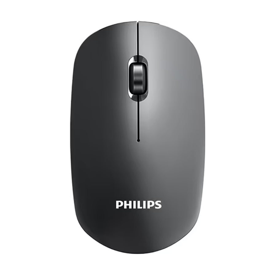 飞利浦黑色超薄无线鼠标正面俯视图，展示极简设计与PHILIPS品牌标识。