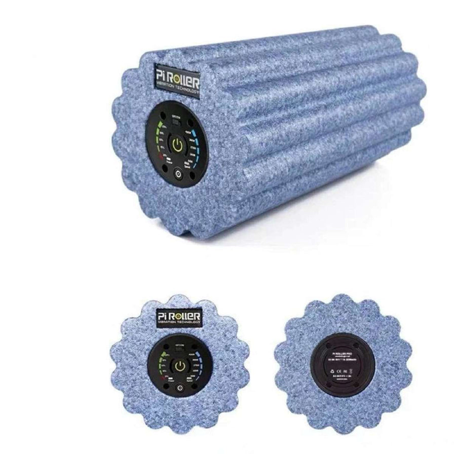 Pi Roller 电动瑜伽滚轴多角度展示图，包含侧视图、正面控制面板视图及背面细节图。