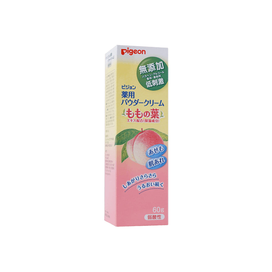 贝亲桃子叶精华护肤面霜 60g 外包装盒斜侧面图，展示产品包装细节及日文标识。