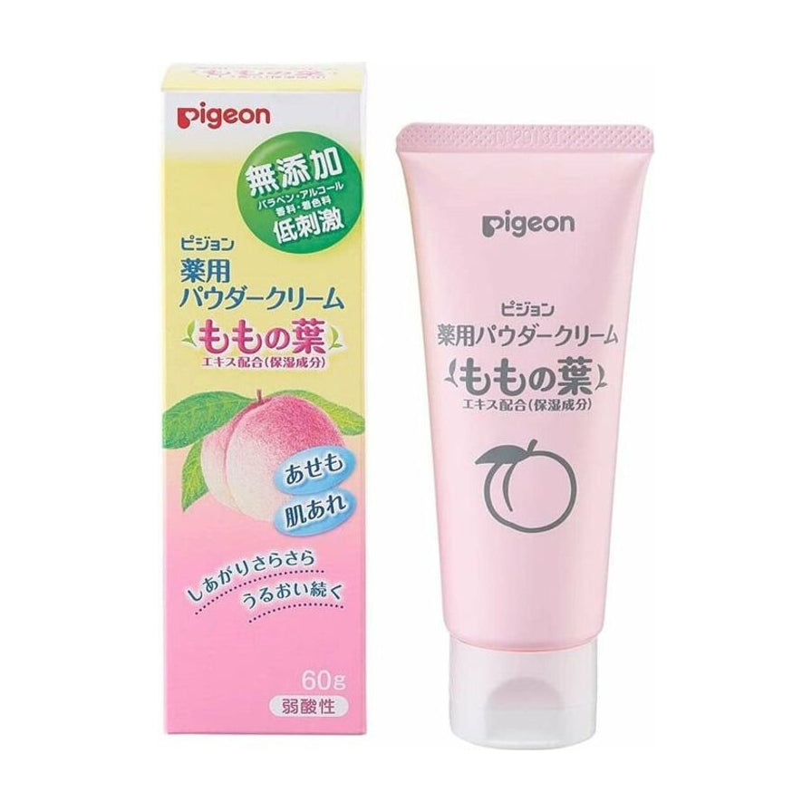 贝亲桃子叶精华护肤面霜 60g 包装盒与粉色软管装正面图，包装印有桃子图案及日文说明。