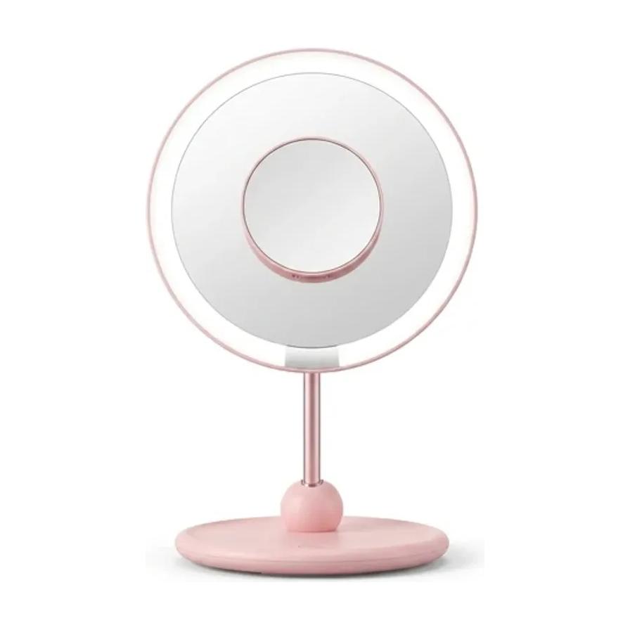 粉色小熊 LED 化妆镜正面图，展示环形补光灯与中心放大镜细节。
