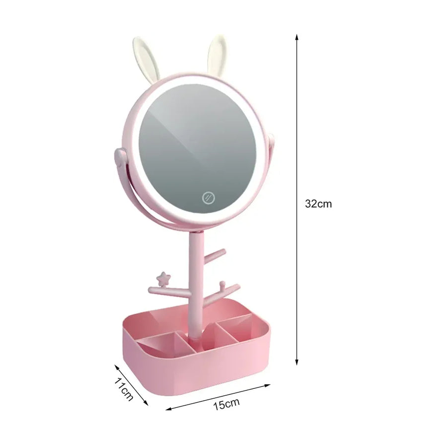 粉色兔耳化妆镜尺寸示意图，标注高度 32cm 及底座长宽