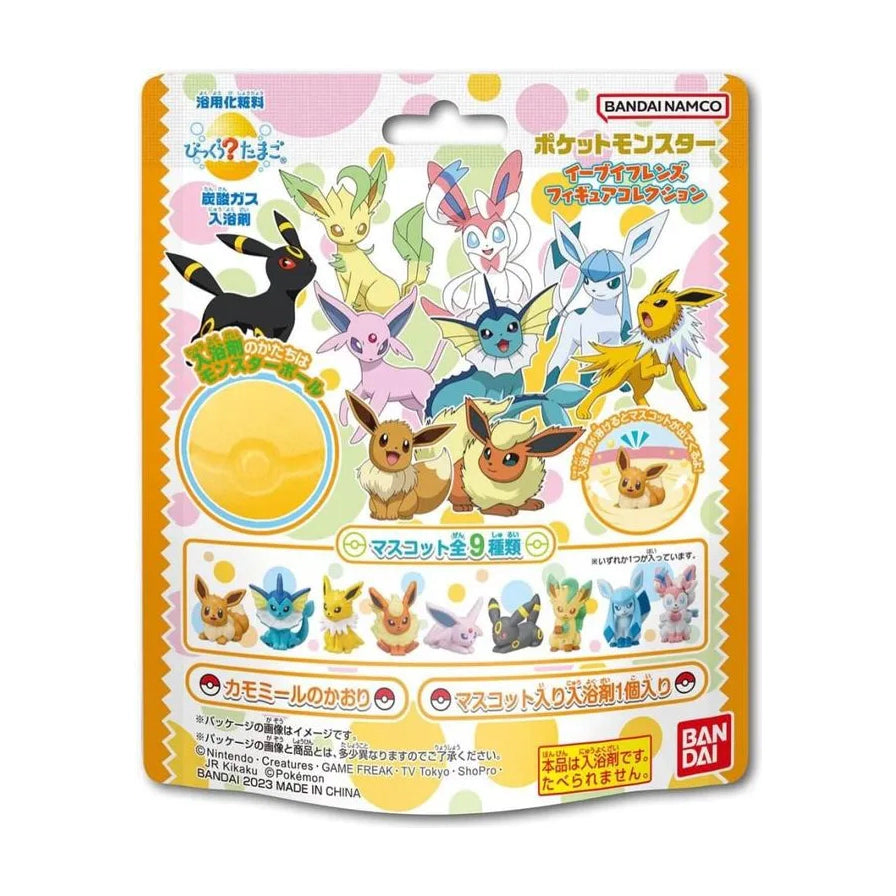 日本万代正版宝可梦伊布家族沐浴球包装正面，内含随机迷你公仔玩具。