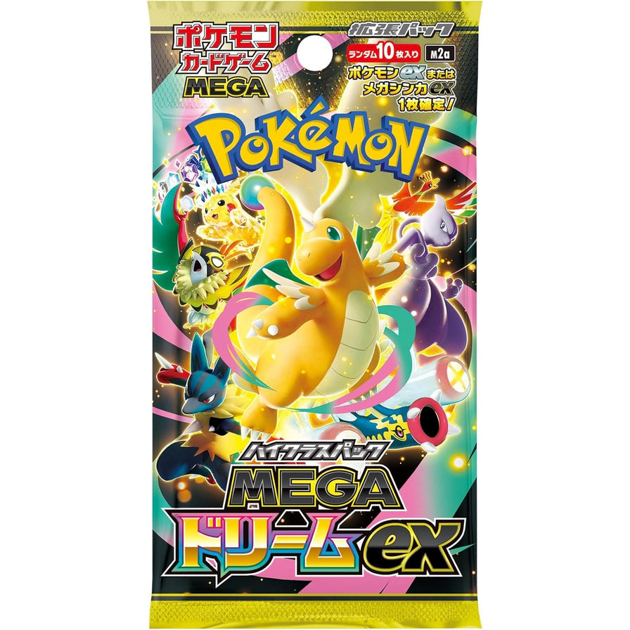 Pokemon 宝可梦 TCG Mega Dream ex M2a 日版高级补充包单包特写，封面展示快龙、超梦、路卡利欧及皮卡丘，标注每包内含 10 张卡牌。