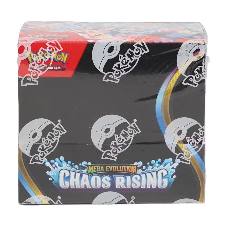 宝可梦集换式卡牌 Mega Evolution Chaos Rising 补充包展示盒正面图，黑色包装盒印有精灵球图案及 Chaos Rising 系列标识。