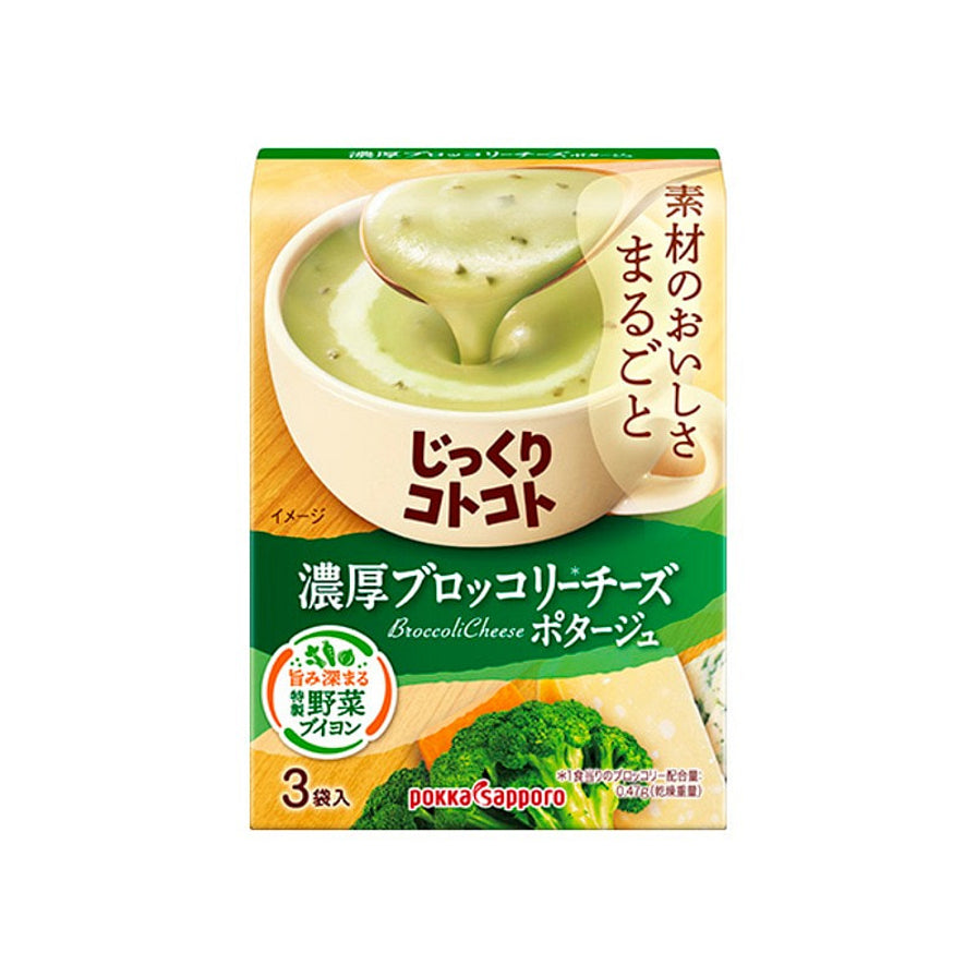 POKKA 浓郁西蓝花奶酪速食汤包装正面，展示西蓝花浓汤及西蓝花图案，每盒3袋入