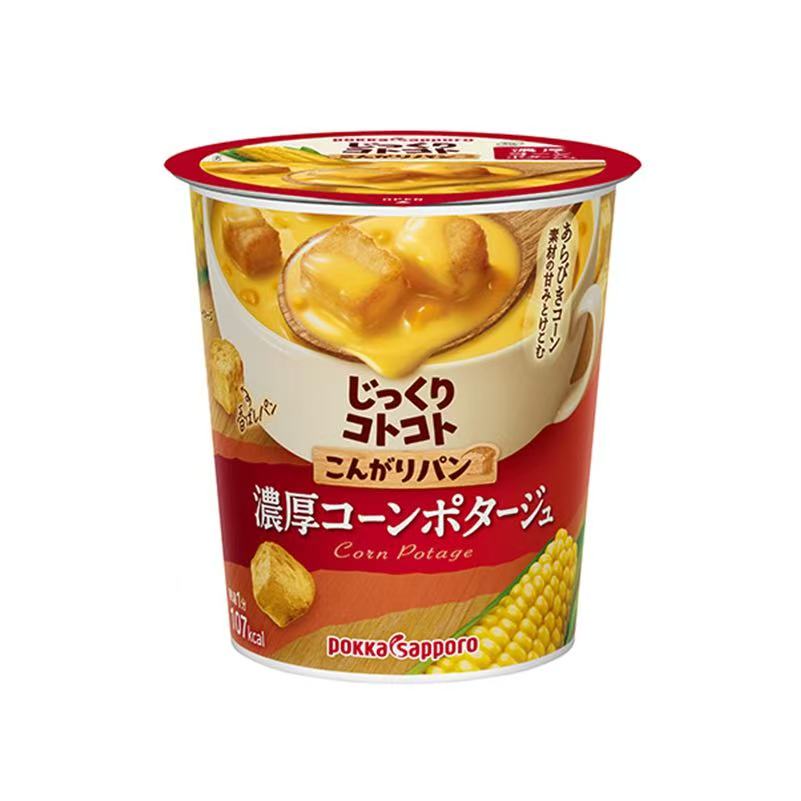 POKKA SAPPORO 玉米面包浓汤杯，金黄色玉米粒与浓汤的诱人细节