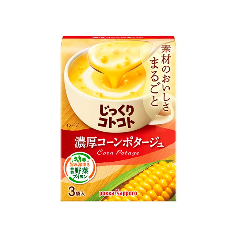 POKKA 浓郁玉米浓汤速食汤包装正面，展示玉米浓汤及新鲜玉米图案，每盒3袋入