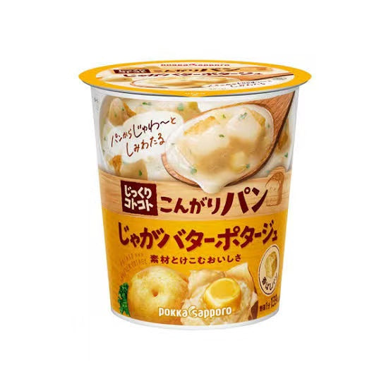 POKKA SAPPORO 土豆面包浓汤杯，展示绵软土豆块与吸满汤汁的面包丁