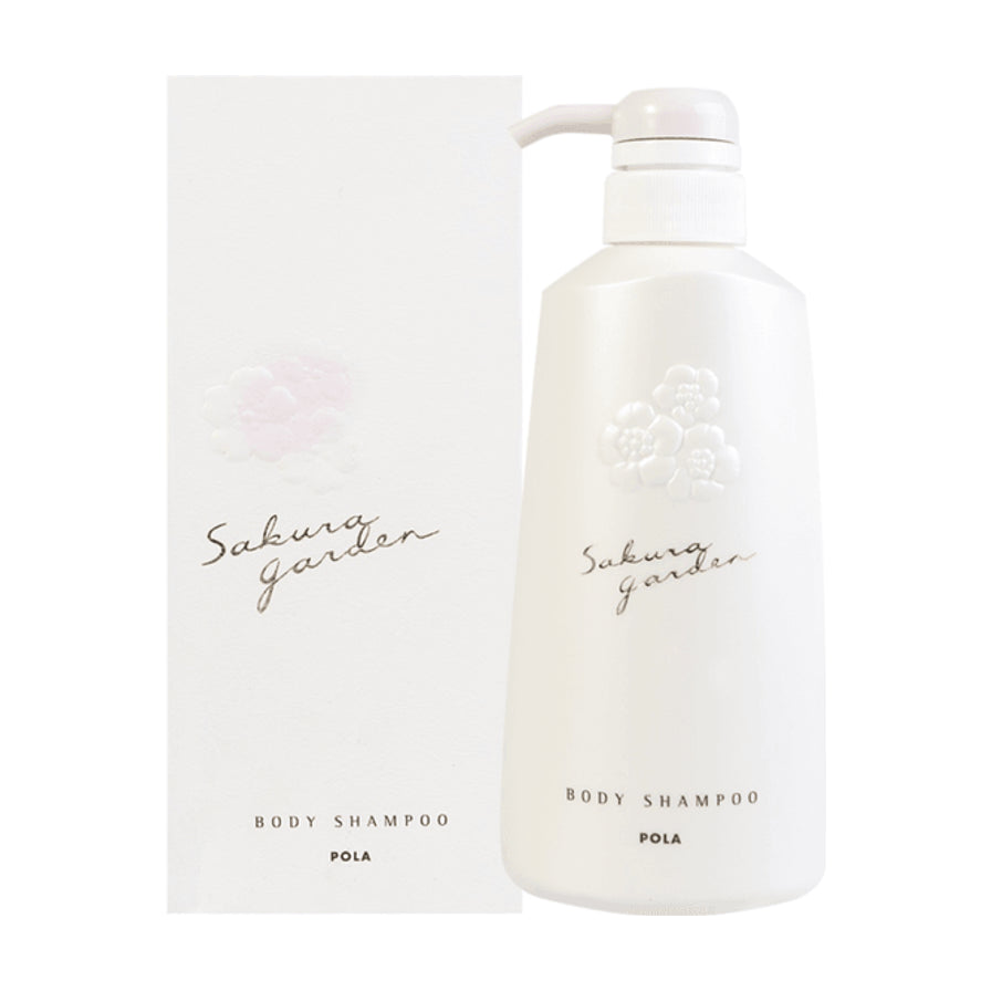 POLA Sakura Garden 沐浴露白色瓶身与包装盒正面展示，带有浮雕樱花图案。