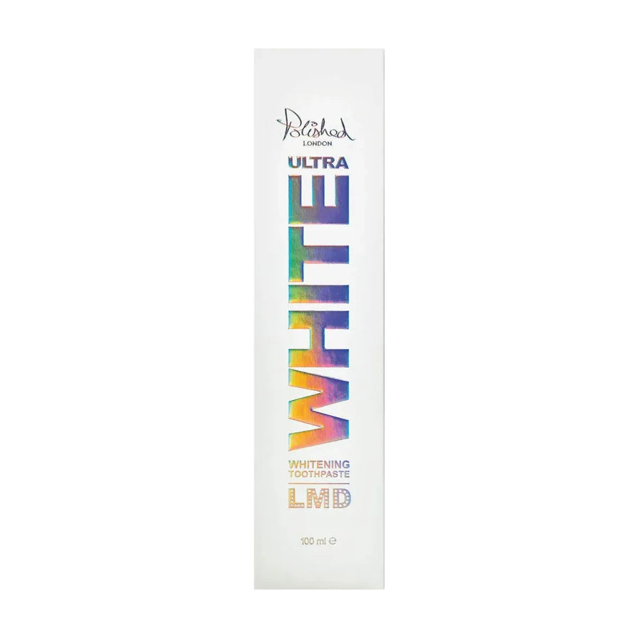 Polished London 极致美白牙膏的外包装纸盒正面，白色背景配以炫彩镭射工艺的品牌名及美白系列标识。