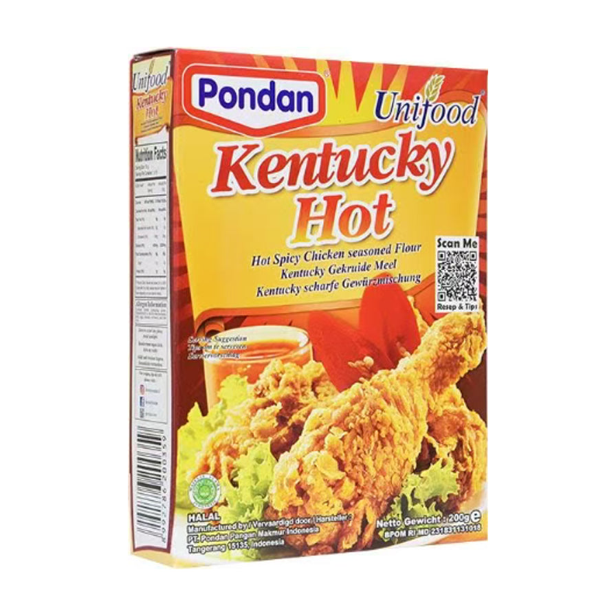 Pondan Unifood 肯德基风味炸鸡粉香辣味包装正面，展示金黄酥脆的炸鸡腿图案。
