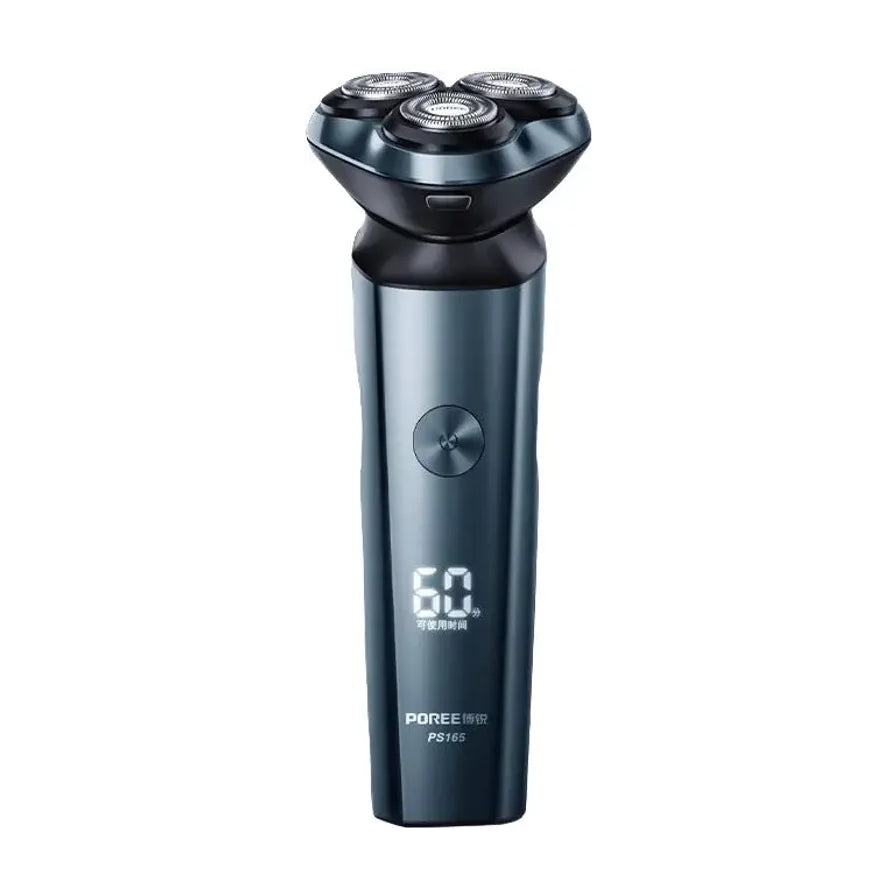 POREE 博锐 PS165 电动剃须刀正面展示，三刀头设计，机身带有 LED 电量显示屏。