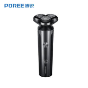 博锐 PS177 电动剃须刀正面展示，黑色机身配三头浮动刀网及 LED 电量显示屏。