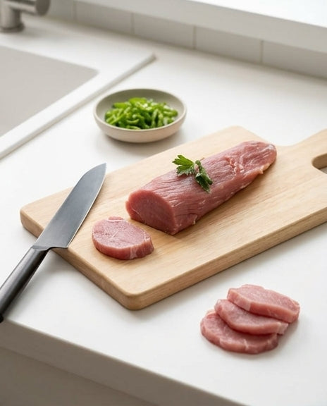 标准装猪柳肉片特写，厚度适中，适合火锅涮煮或家常小炒。