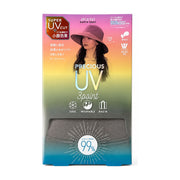 模特佩戴 PRECIOUS UV 灰色大檐防晒遮阳帽的侧面展示，配有 99% 紫外线阻隔率的圆形图标。