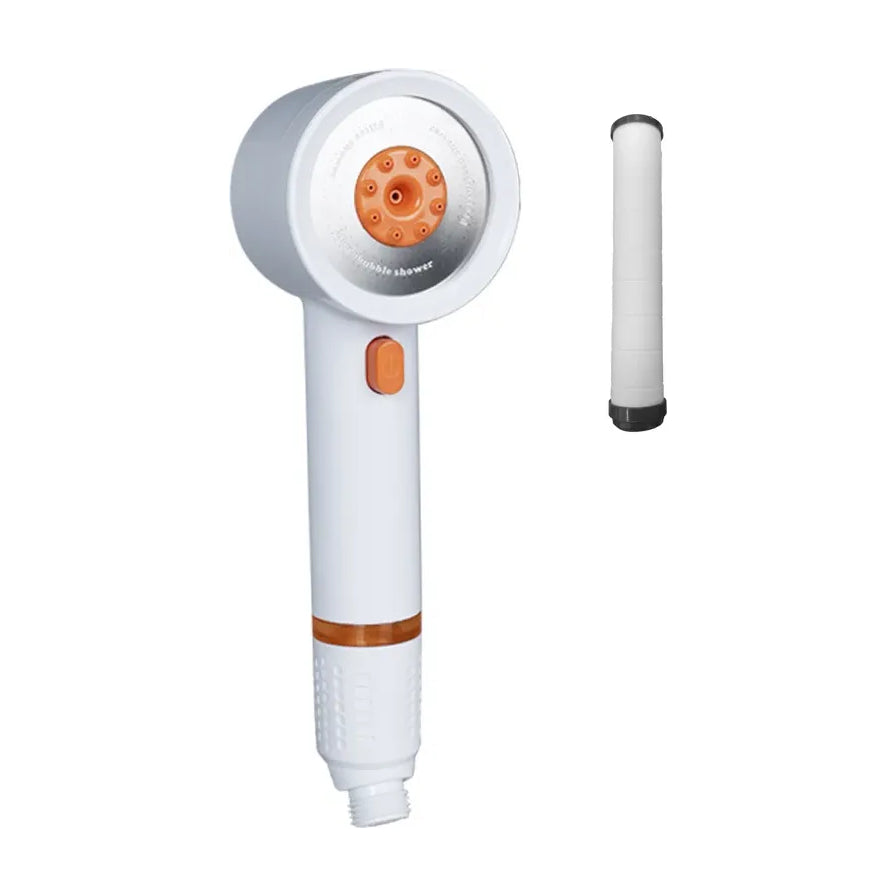 白色增压过滤花洒头及配套的白色圆柱形滤芯，展示花洒的橙色出水孔和手柄上的开关按钮。