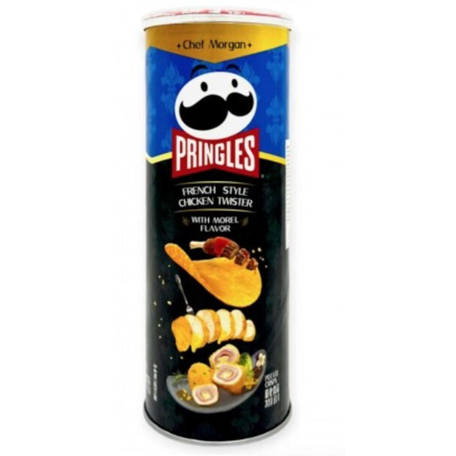 品客Pringles主厨定制系列法式鸡肉卷佐羊肚菌味薯片，蓝色与黑色拼接罐装，包装印有鸡肉卷和羊肚菌图案。