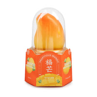 福满多福芒3D仿真芒果冰淇淋，橙黄色芒果造型雪糕，带有透明保护罩和橙色底座包装。