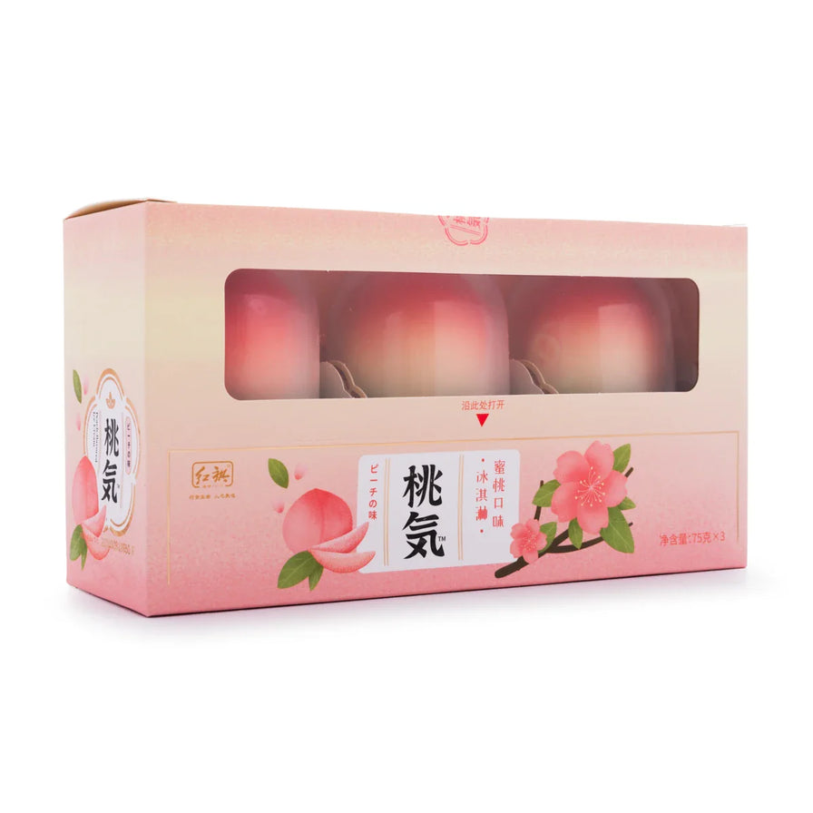 福满多桃气3D仿真桃子冰淇淋3支装礼盒，粉色包装盒，正面有透明开窗展示内部雪糕。