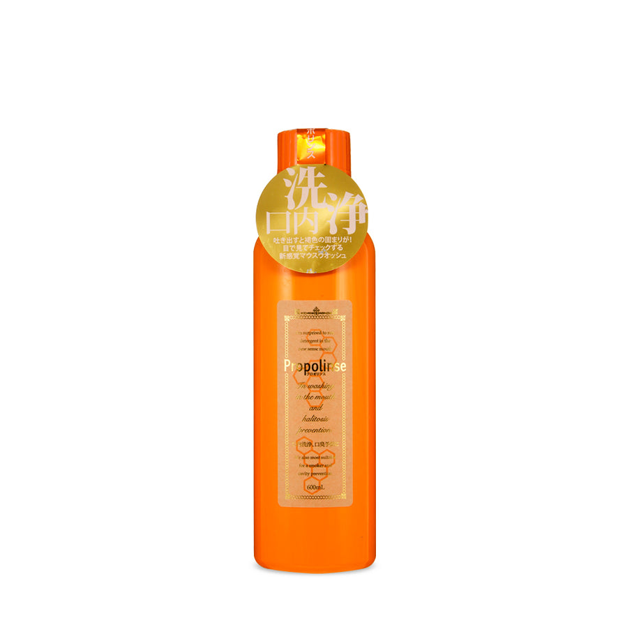 比那氏 Propolinse 蜂胶味漱口水 600ml 瓶装正面照，橙色瓶身。