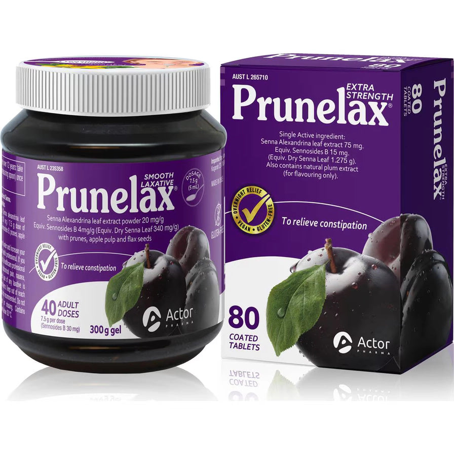 Prunelax 产品组合图，左侧为通便液瓶装，右侧为 80 粒盒装，均为紫色包装