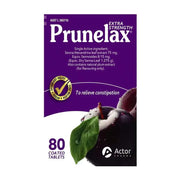 紫色 Prunelax 西梅通便片盒装正面，标注 80 coated tablets 和 Acter Pharma 标志