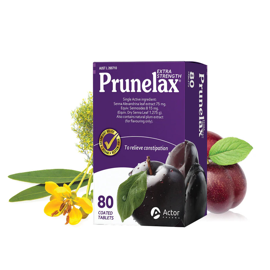 Prunelax 盒装产品展示图，旁边有西梅、黄花和绿叶，包装上可见 80 coated tablets