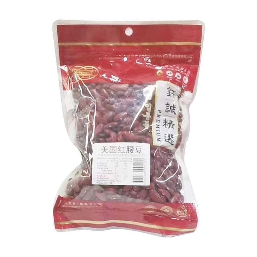 钎诚精选美国红腰豆375g袋装，透明包装展示饱满的红腰豆，背景配有一碗红腰豆和木勺，呈现自然居家风格。