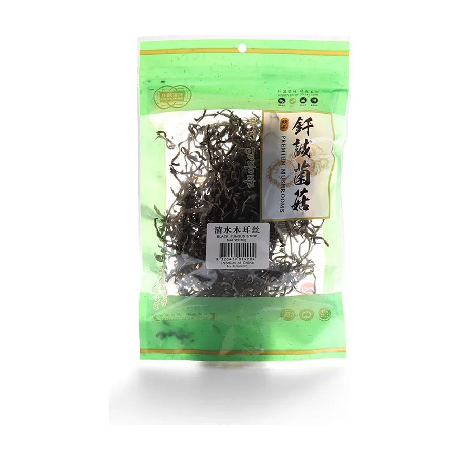 钎诚清水木耳丝80g包装正面图，透明包装展示内部干燥的黑木耳丝，带有绿色封口条和品牌标签。