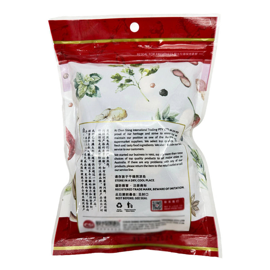 钎诚芫茜粉100g袋装背面，印有中英文产品介绍、储存建议、公司背景及配图，包装上方为红色密封条。