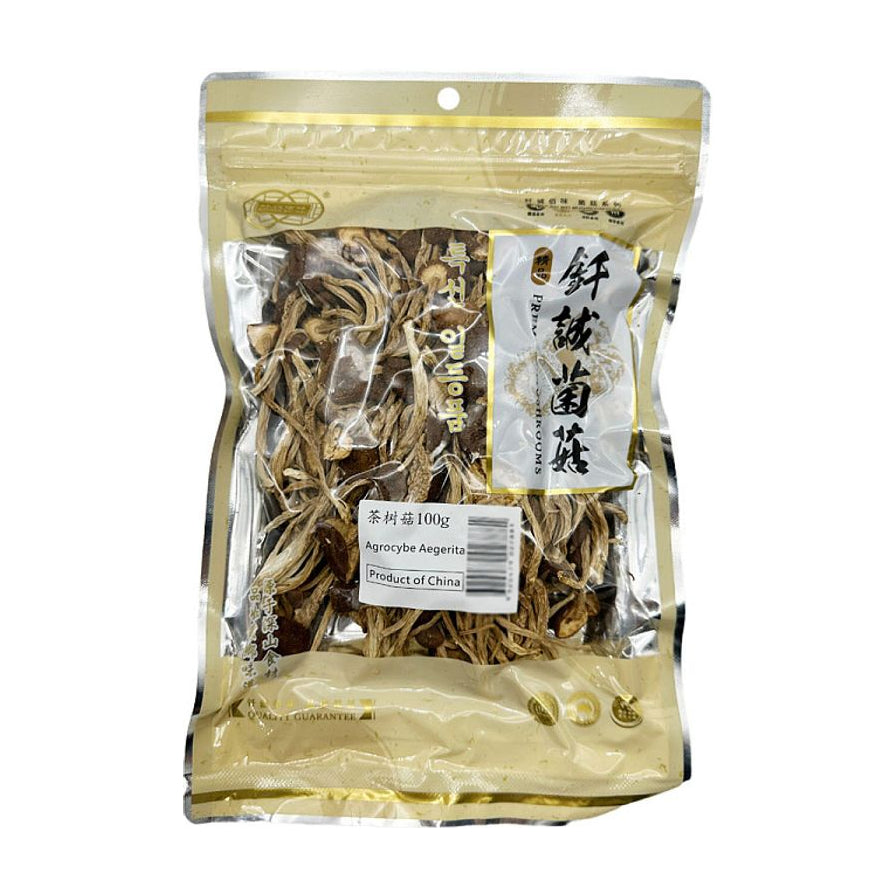 钎诚茶树菇100g包装正面图，透明包装展示内部干燥的茶树菇，带有品牌标签和产品信息。