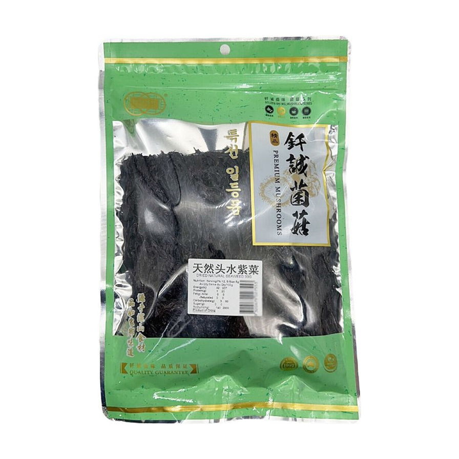 钎诚天然头水紫菜包装正面图，绿色密封袋装，透明窗口可见内部深色干燥紫菜，包装印有“天然头水紫菜”和“钎诚菌菇”字样。