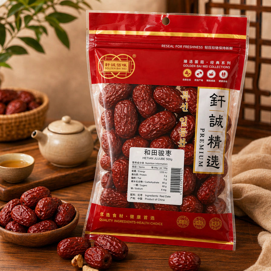 生活化场景中的钎诚和田骏枣，包装袋立于木质桌面，周围摆放着茶壶、茶杯和散落的红枣。