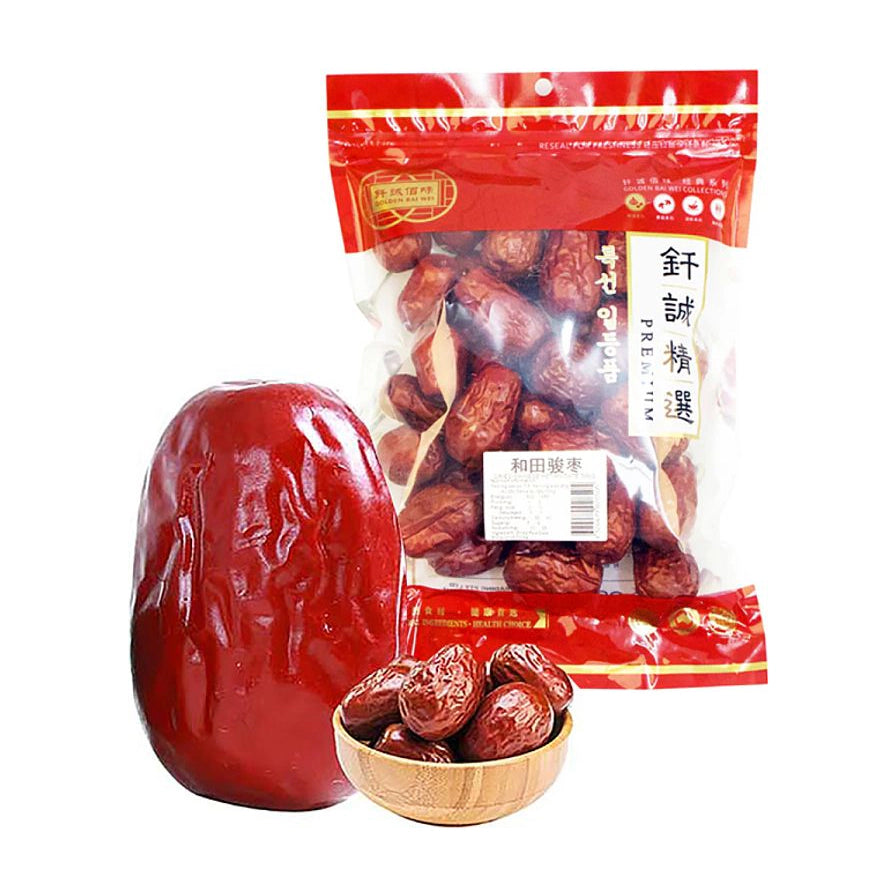 钎诚和田骏枣包装袋，左侧展示一颗特写大红枣，下方有一小碗红枣，背景纯白。