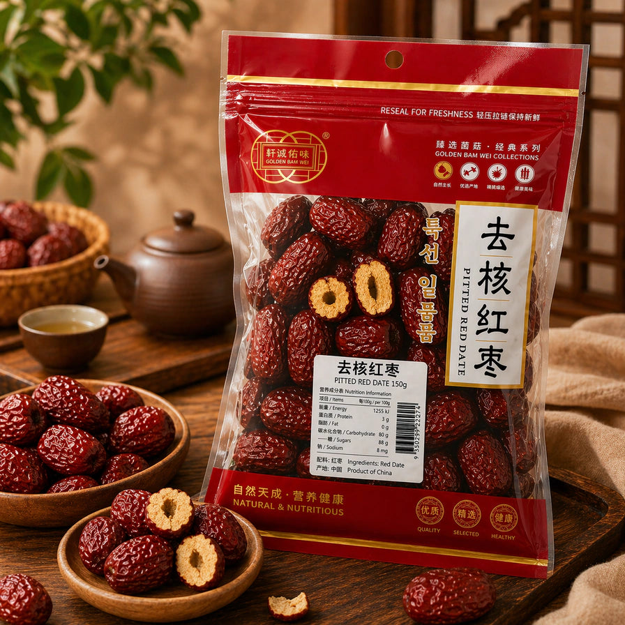 钎诚去核红枣150g包装正面图，白色背景，包装袋上印有去核红枣字样及营养成分表。