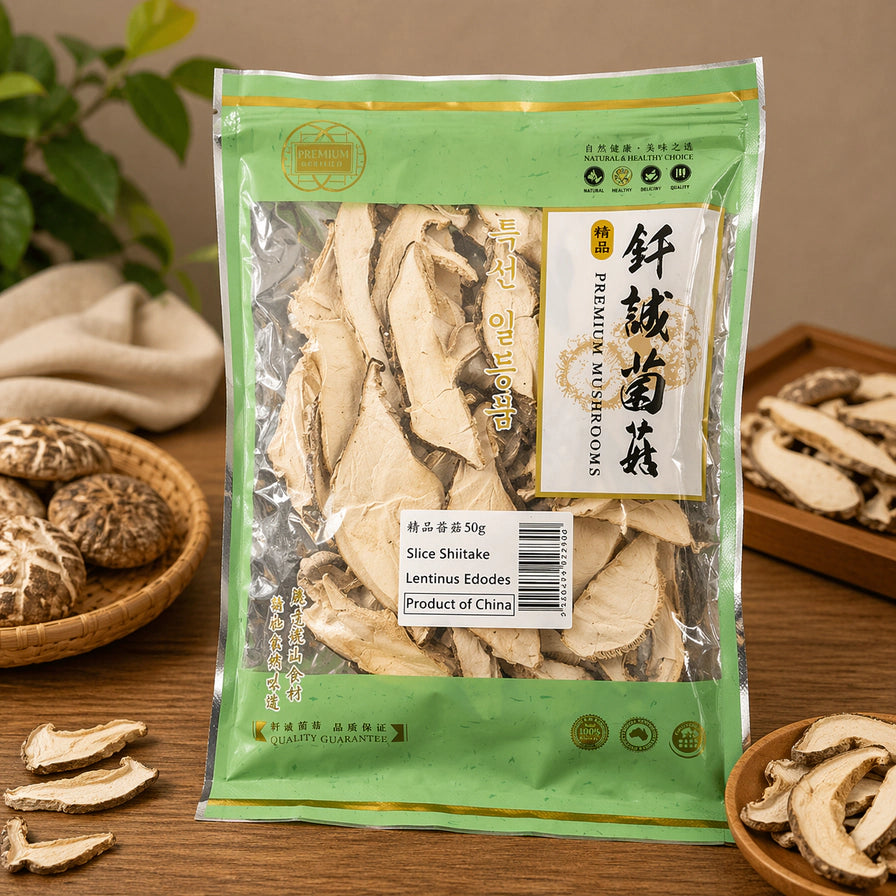 钎诚精品菇丝50g正面包装图，绿色封口透明袋装，清晰可见内部干燥的菌菇切片。