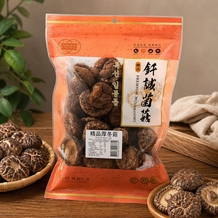 钎诚精品厚冬菇100g实物包装图，红色封口透明袋装，可见内部饱满的干冬菇，贴有精品厚冬菇标签。