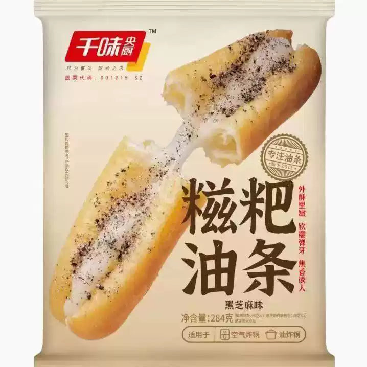 千味央厨黑芝麻糍粑油条包装正面，展示外酥里糯的冷冻早餐速食产品